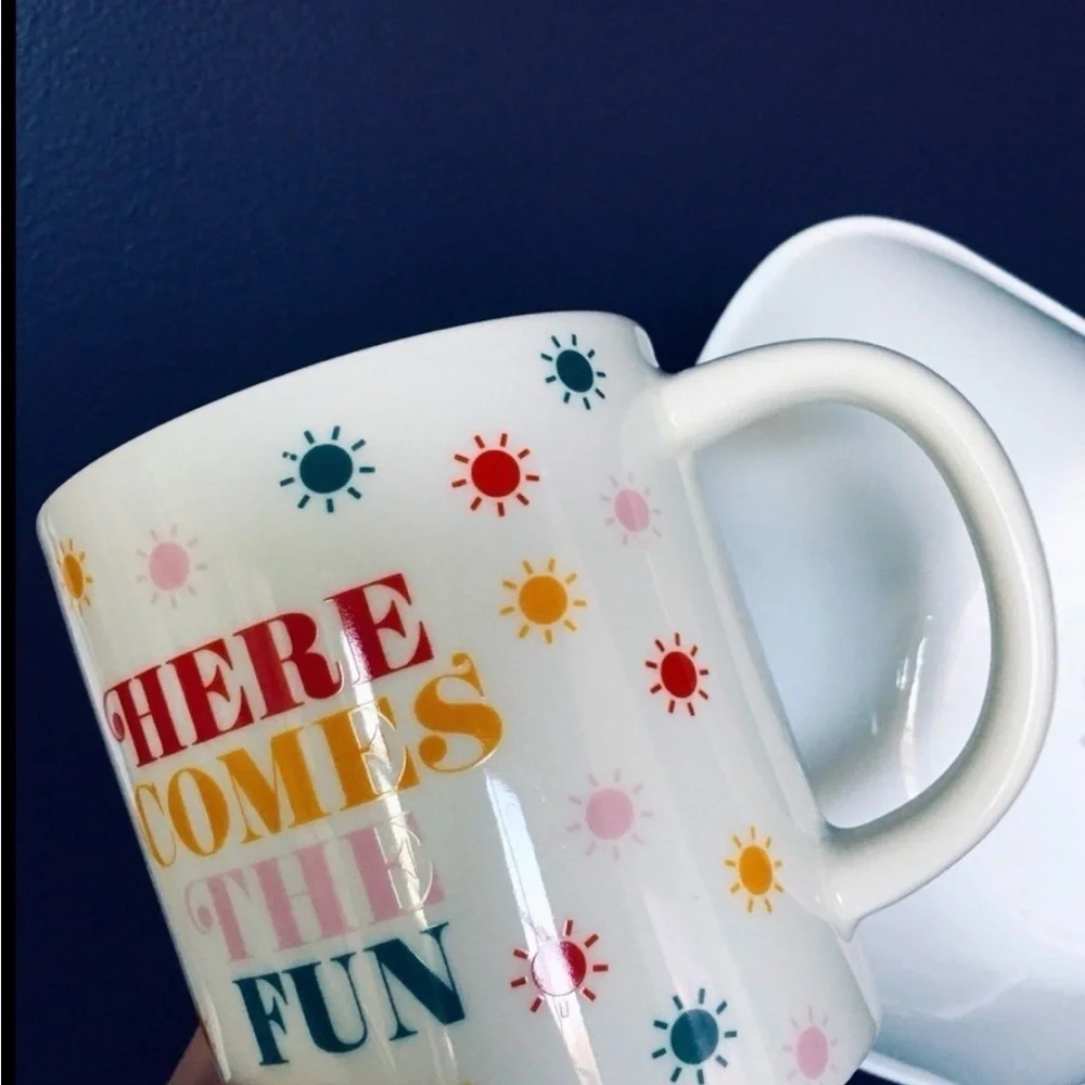 “HERE COMES THE FUN” Colorful Coffee Mug, White, Multi Colored, 15 oz